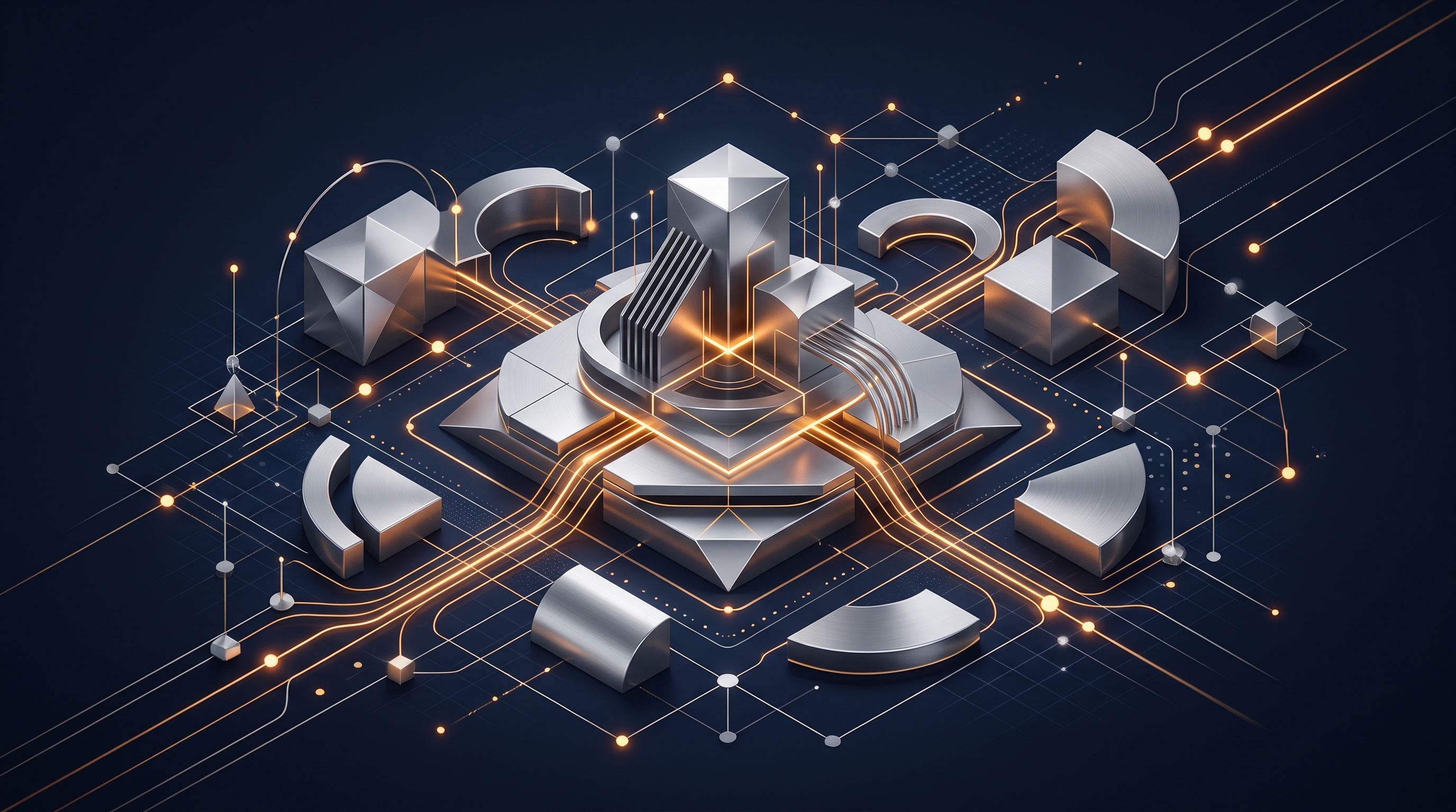 Abstract editorial illustration representing Apple Inc. (AAPL) scorecard analysis, with minimalist metallic shapes and network dot connections on a dark navy background.