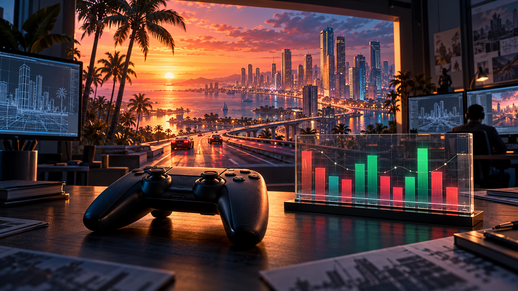 Editorial illustration of a game controller on a desk beside a red and green bar chart, with a neon sunset skyline visible through a window at dusk.